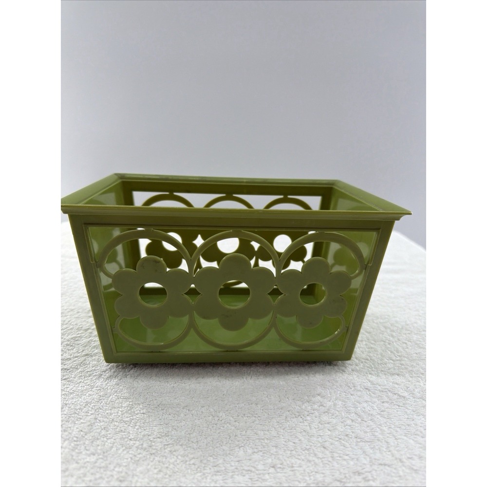 Vintage MCM Harvest Avocado Green Daisy Napkin Holder Basket 1960's/70's